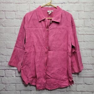 Hot Cotton 100% Linen Button Shirt Womens L Pink Classic Coastal Travel Vacation